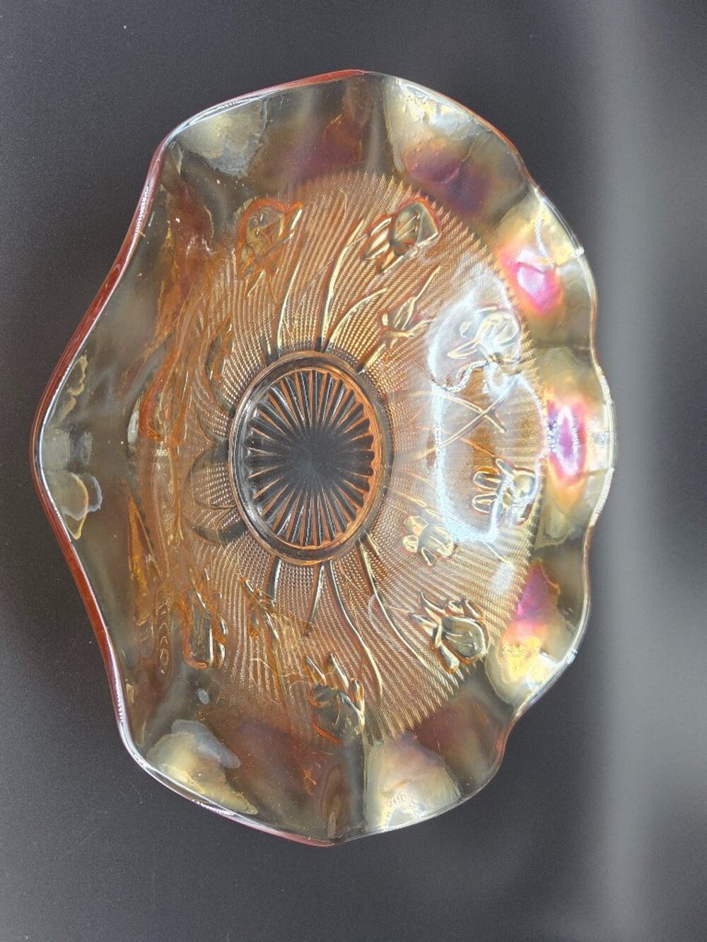 Vintage Jeannette Marigold Carnival Glass Bowl Iris Herringbone Ruffled 11 Inch